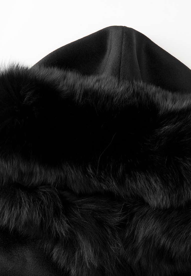 Black Fur Collar Wool Belted Coat - MOISELLE