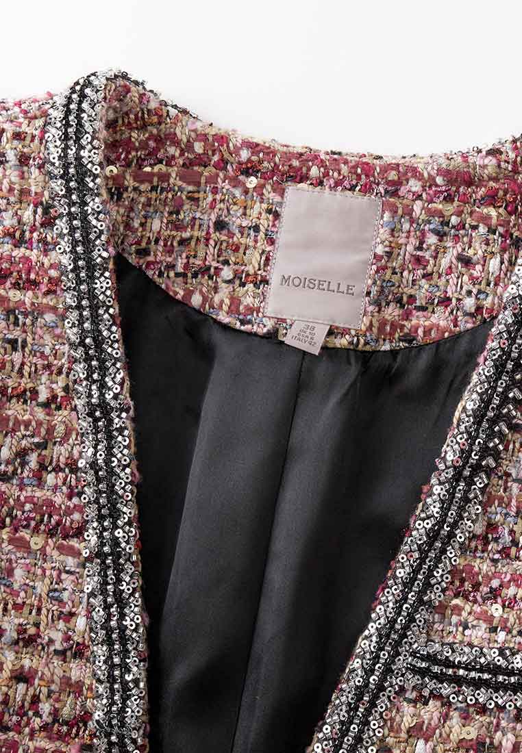 Red V-neck Sequins Detailing Tweed Maxi Coat - MOISELLE