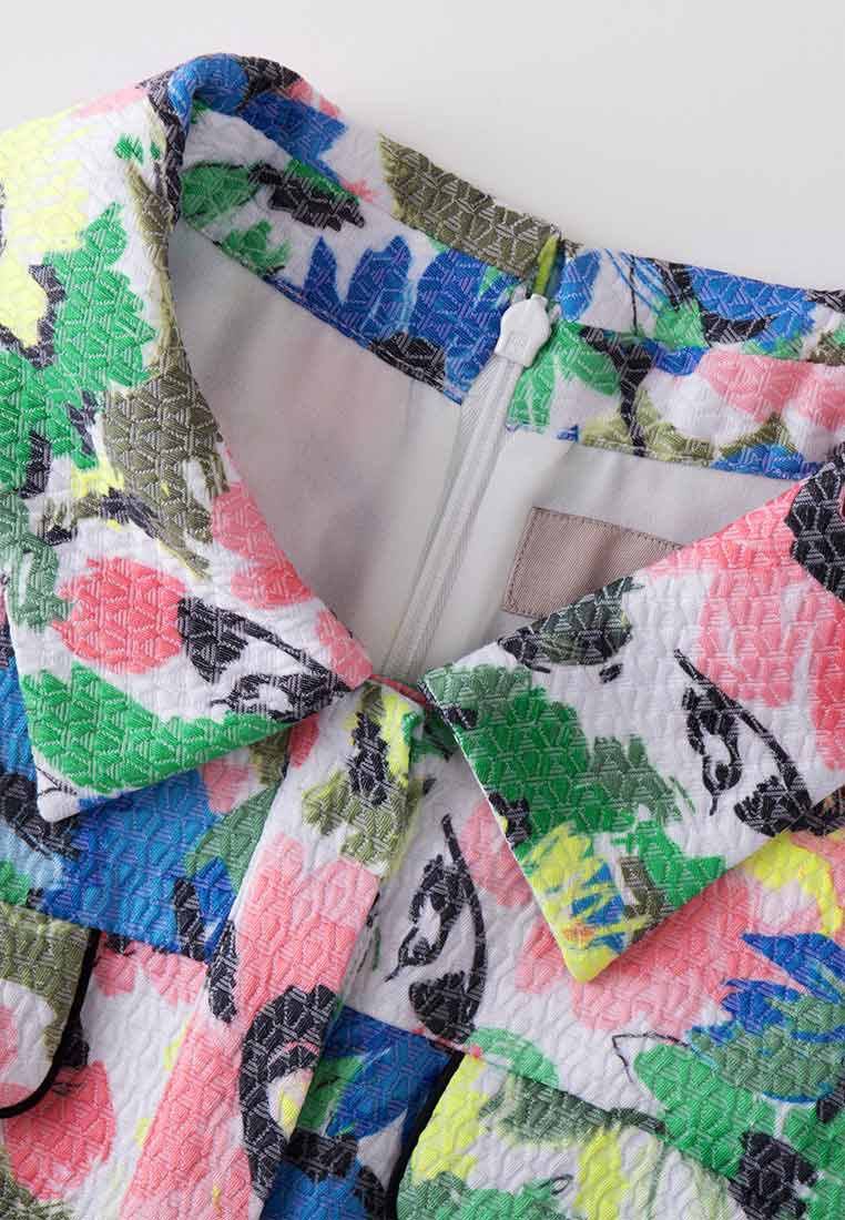 Lapel Short Sleeve Floral Pattern Jacquard Dress - MOISELLE
