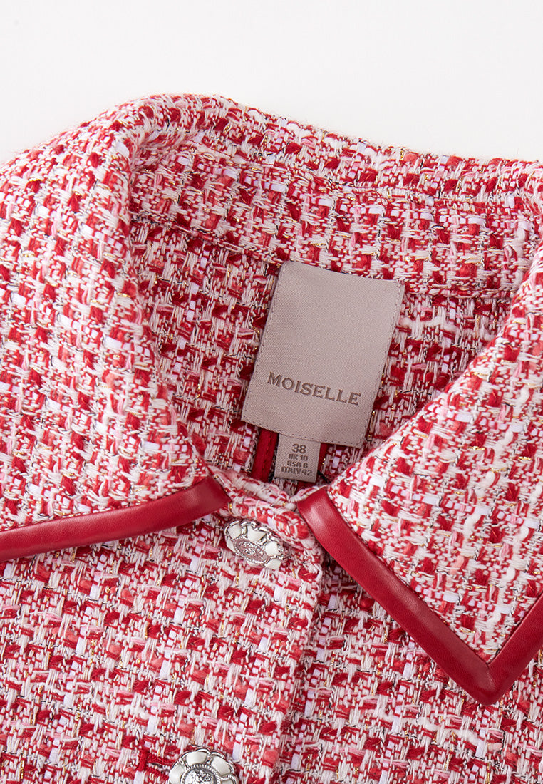 Red Leather-trimmed Collar Tweed Jacket - MOISELLE