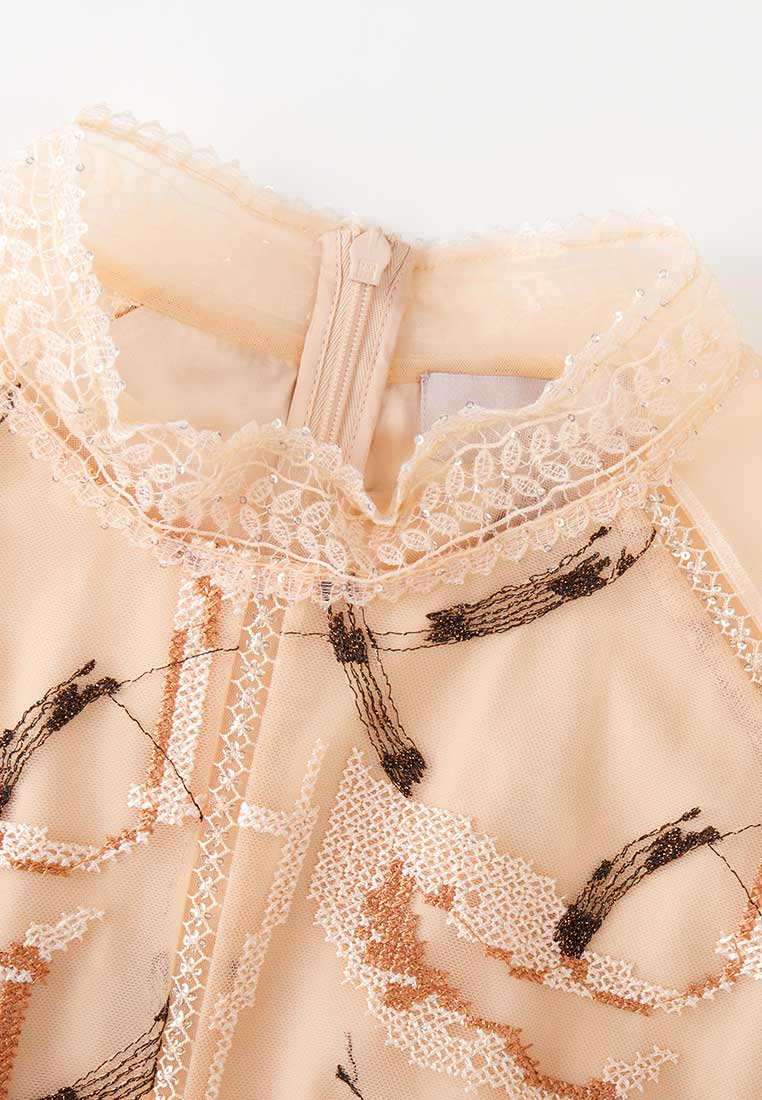 Beige Embroidered Long-sleeved Cocktail Dress - MOISELLE