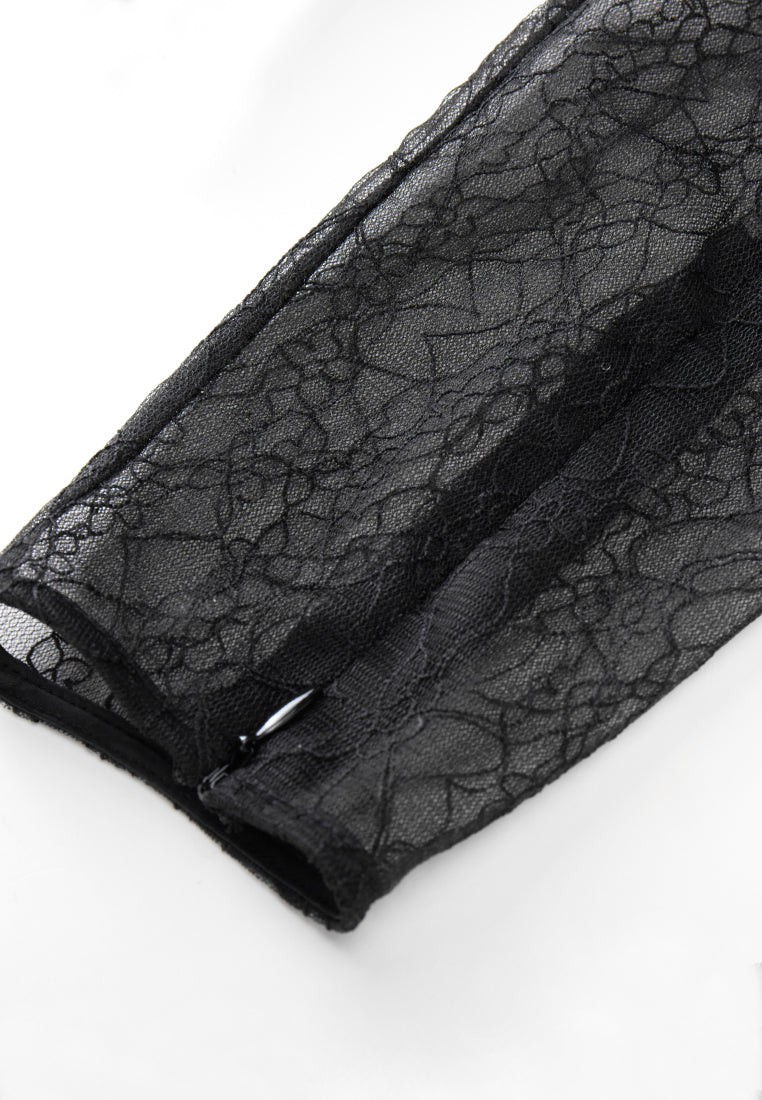 Black Sheer Lace Long-sleeved Top - MOISELLE