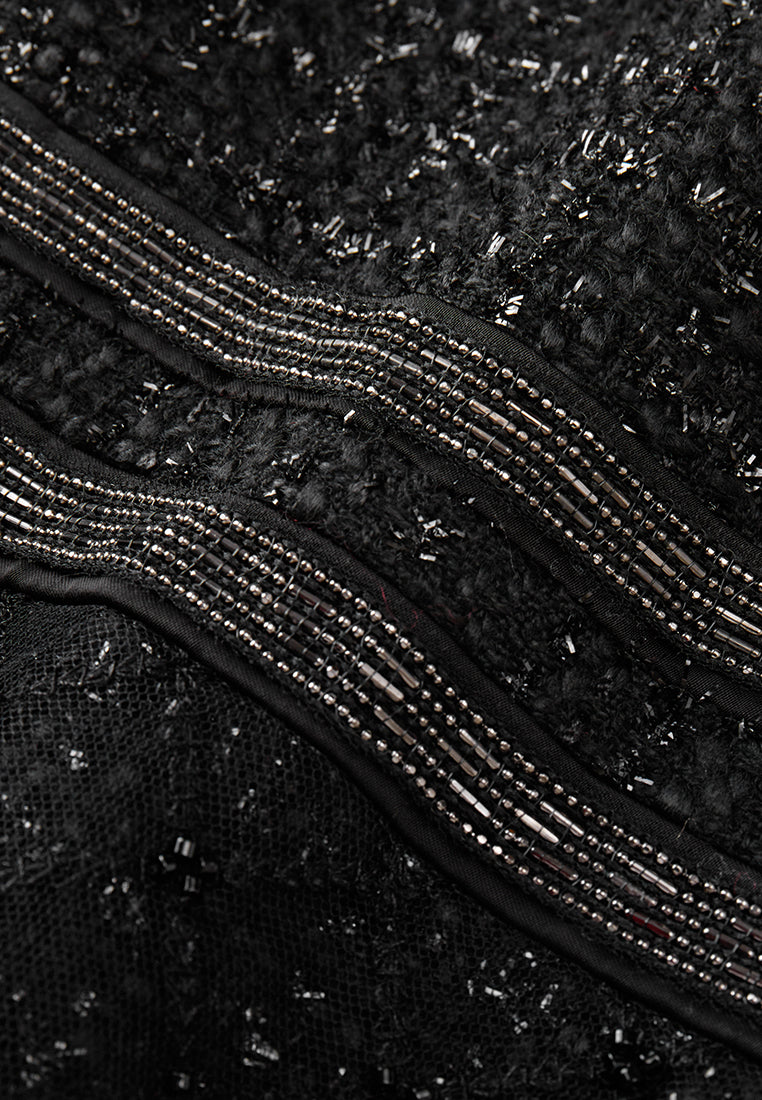 Black Cap-sleeved Embroidered Mesh Tweed Dress - MOISELLE