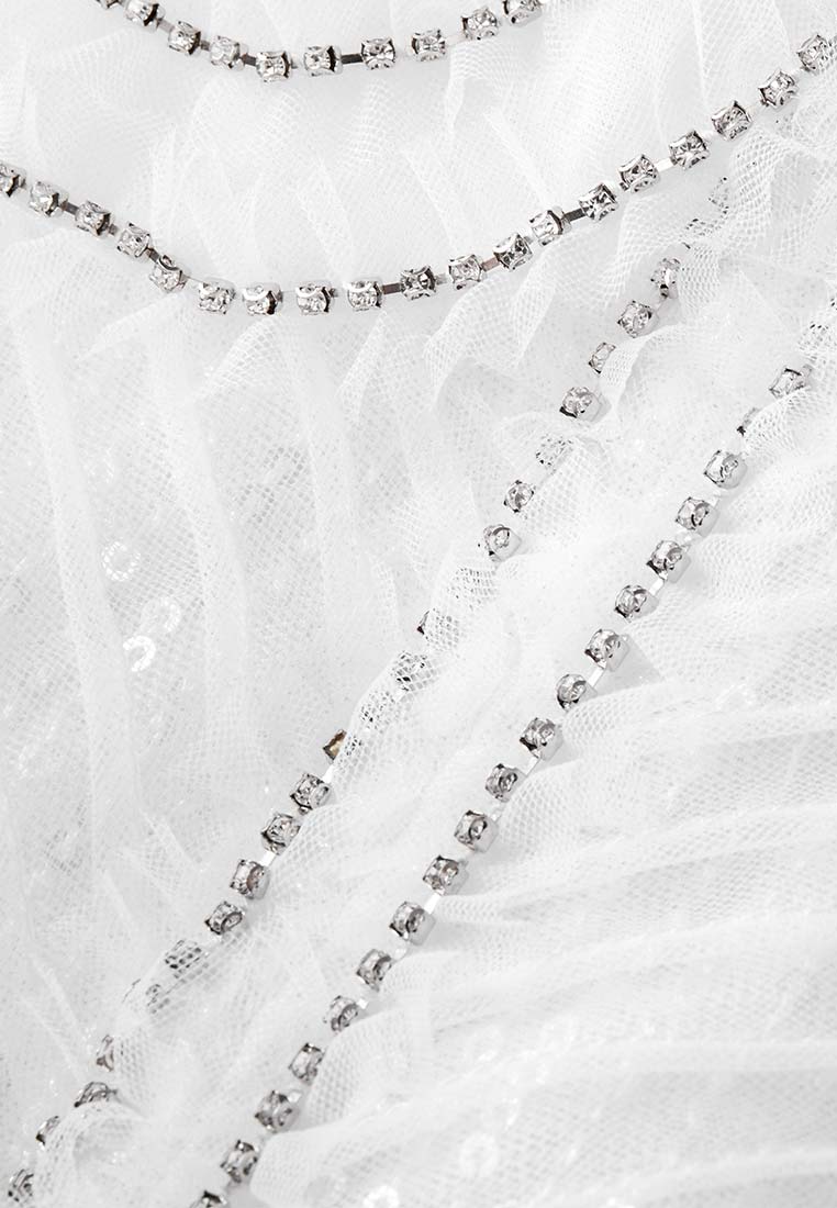 Sequins Rhinestone Embellished Pleated Chiffon Lapel Dress - MOISELLE