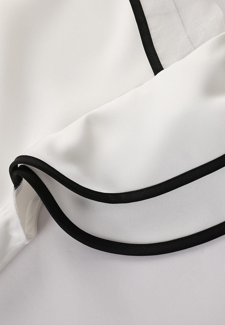 Button Embellished Black Lining White Chiffon Blouse - MOISELLE