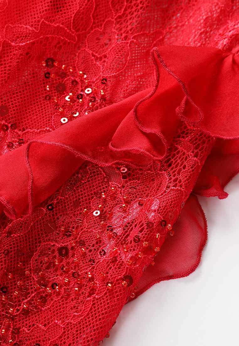 Red Floral-embellished Long-sleeves Evening Dress - MOISELLE