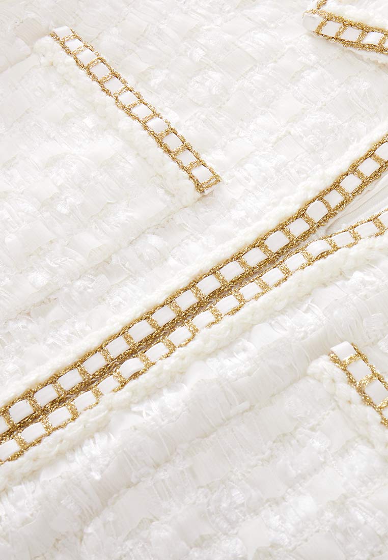 Lapel White Tweed Gold-detailing Long Sleeve Dress - MOISELLE