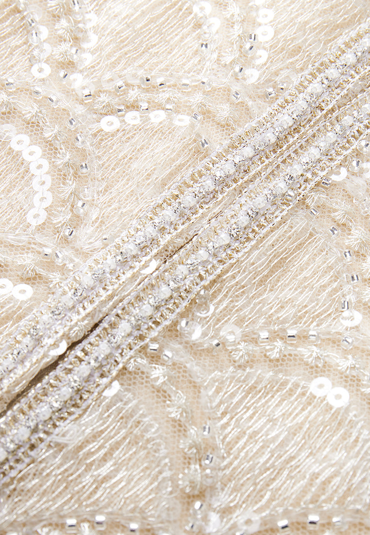 Beige Embroidered Mesh Mid-sleeves Crop Jacket - MOISELLE