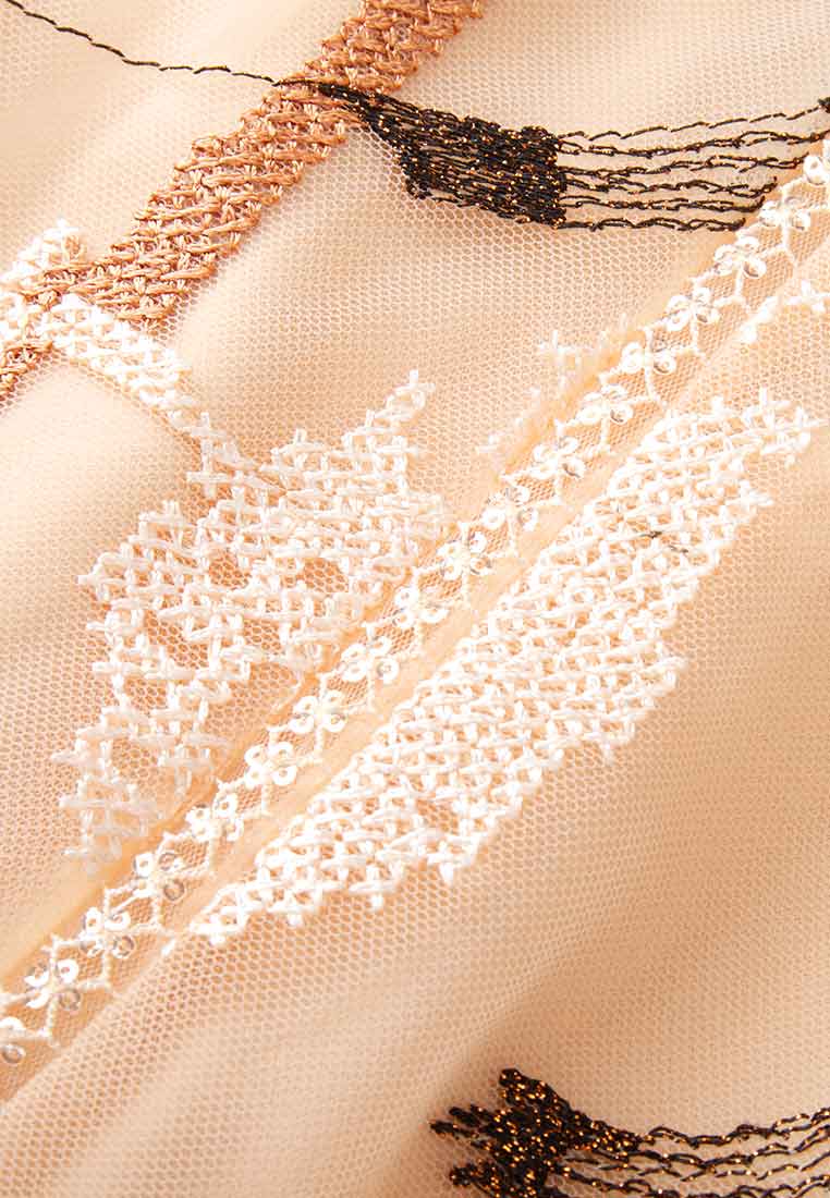 Beige Embroidered Long-sleeved Cocktail Dress - MOISELLE