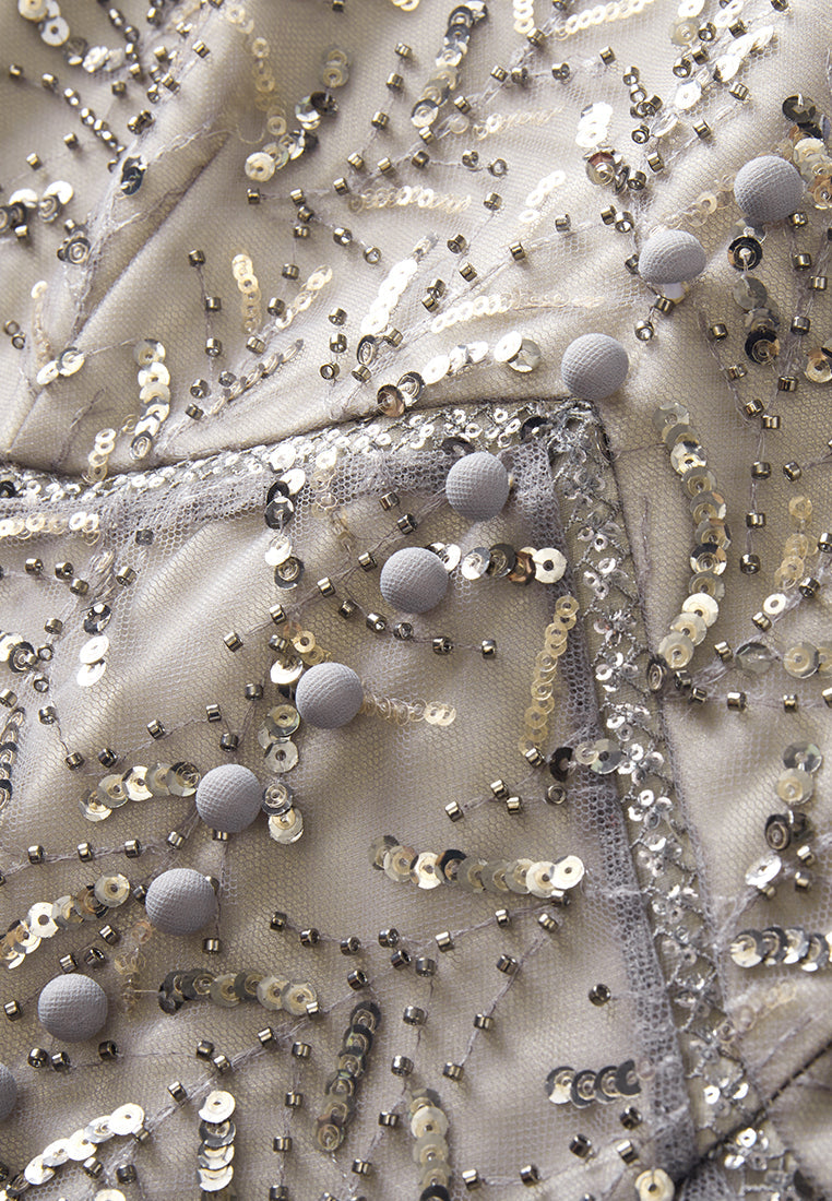 Grey Embroidered Mesh Mid-sleeved Midi Dress - MOISELLE