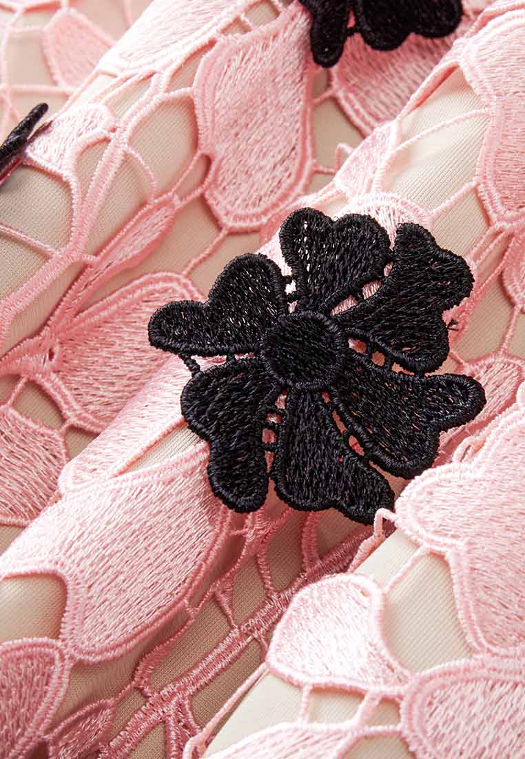 Black Lace Detaiilng Pink Jacquard Evening Dress - MOISELLE