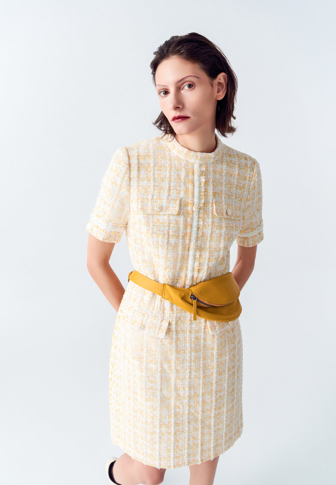 Yellow Signature Stand Collar Tweed Dress