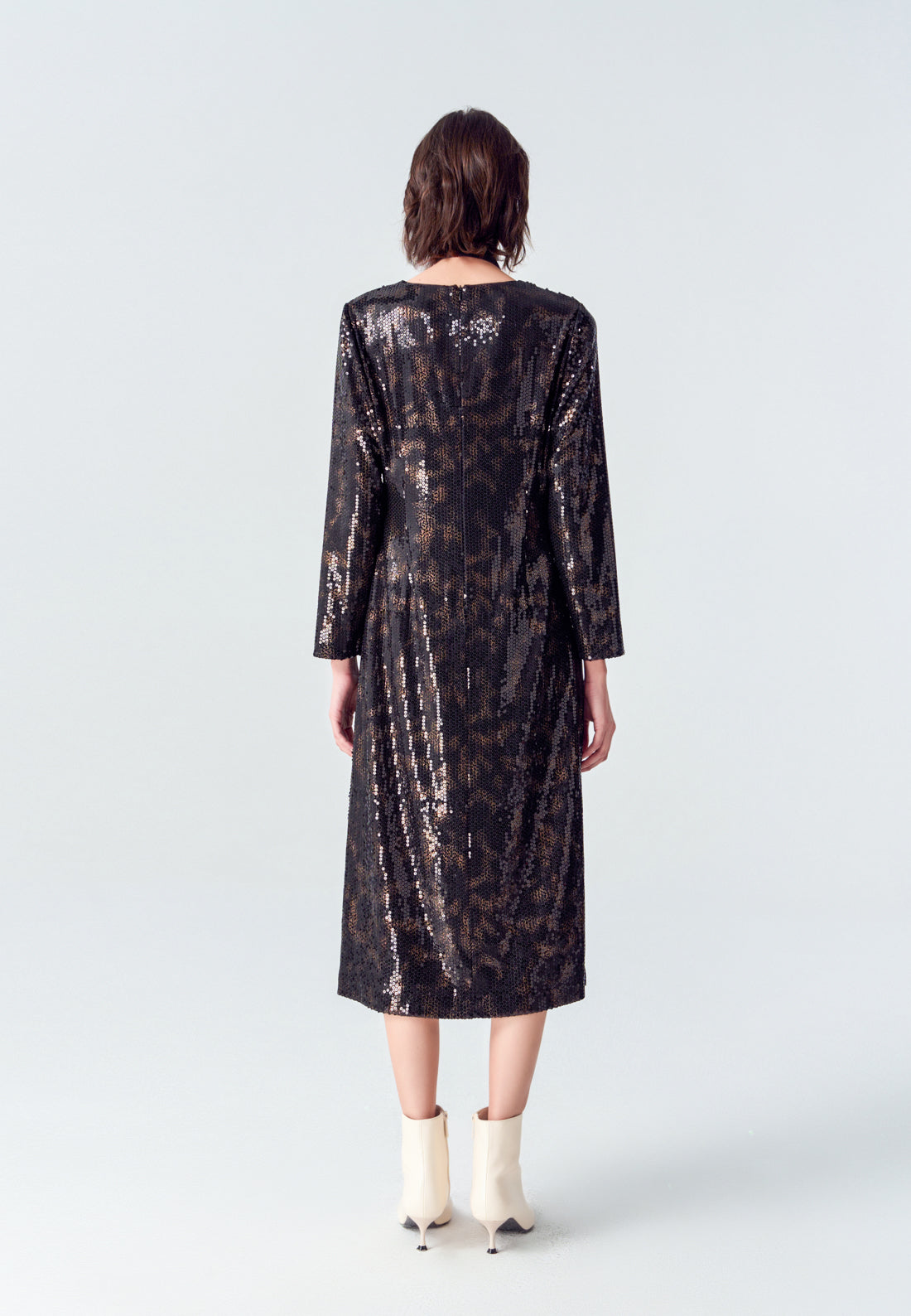 Black V-neck Sequin Long-sleeved Dress