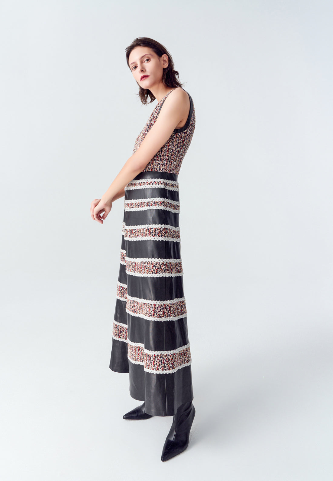 Tweed-Leather Striped Sleeveless Maxi Dress