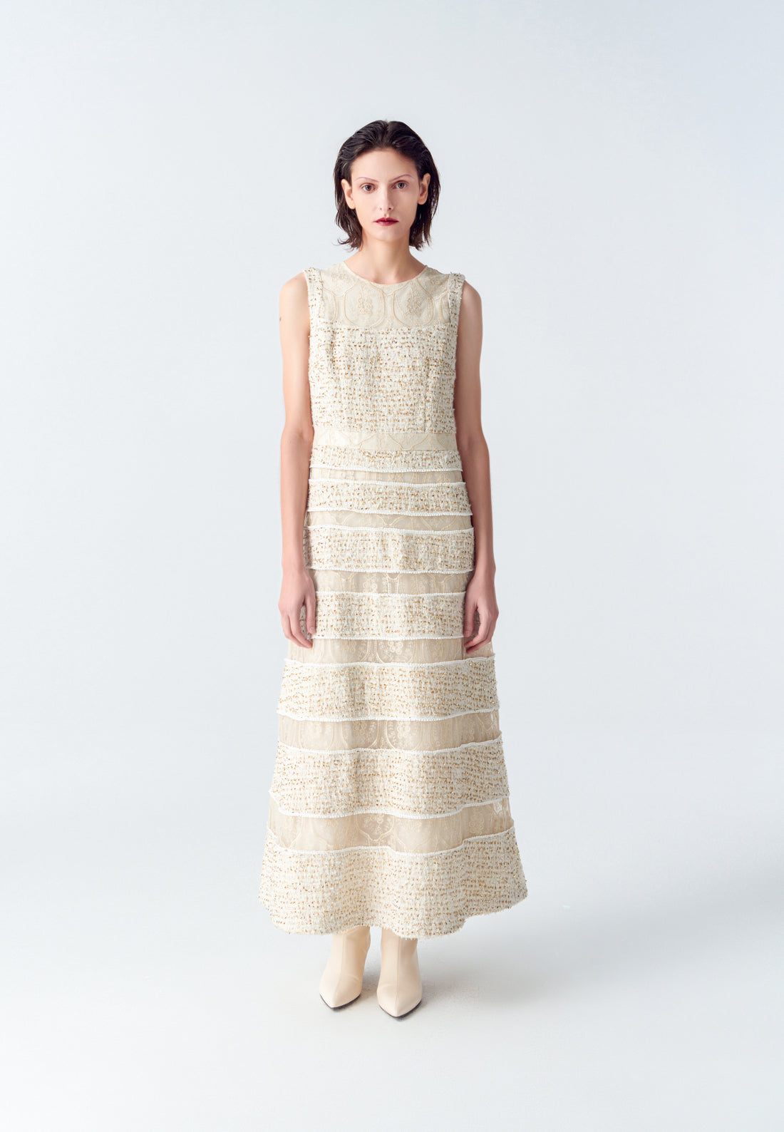 MOISELLE Tweed-Lace Striped Sleeveless Maxi Dress MOISELLE Tweed-Lace Striped Sleeveless Maxi Dress