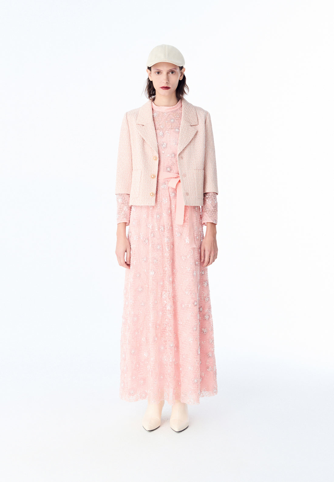 Pink Embroidered Lace Long-sleeved Dinner Dress