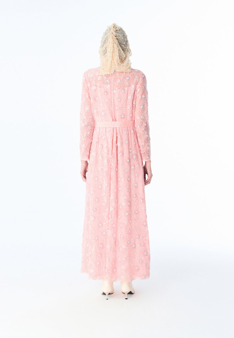 Pink Embroidered Lace Long-sleeved Dinner Dress - MOISELLE