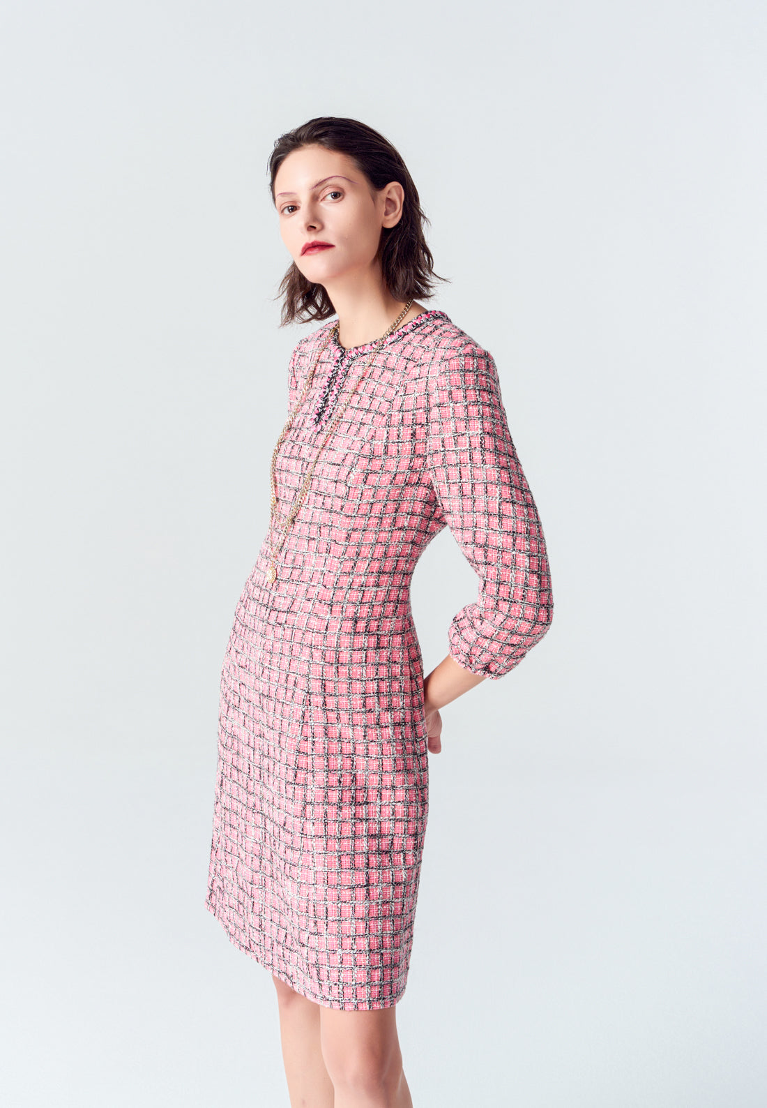 MOISELLE Pink Puff Sleeve Tweed Midi Dress MOISELLE Pink Puff Sleeve Tweed Midi Dress