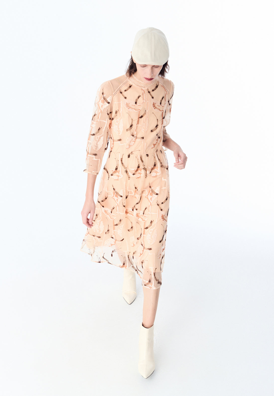 Beige Embroidered Long-sleeved Cocktail Dress