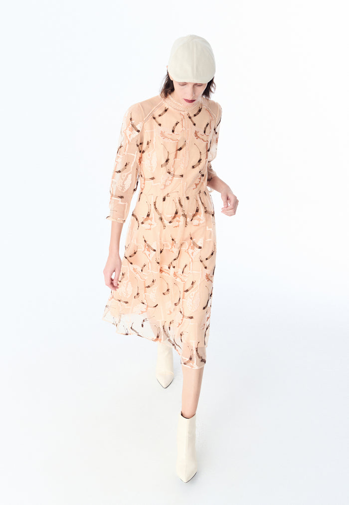 Beige Embroidered Long-sleeved Cocktail Dress