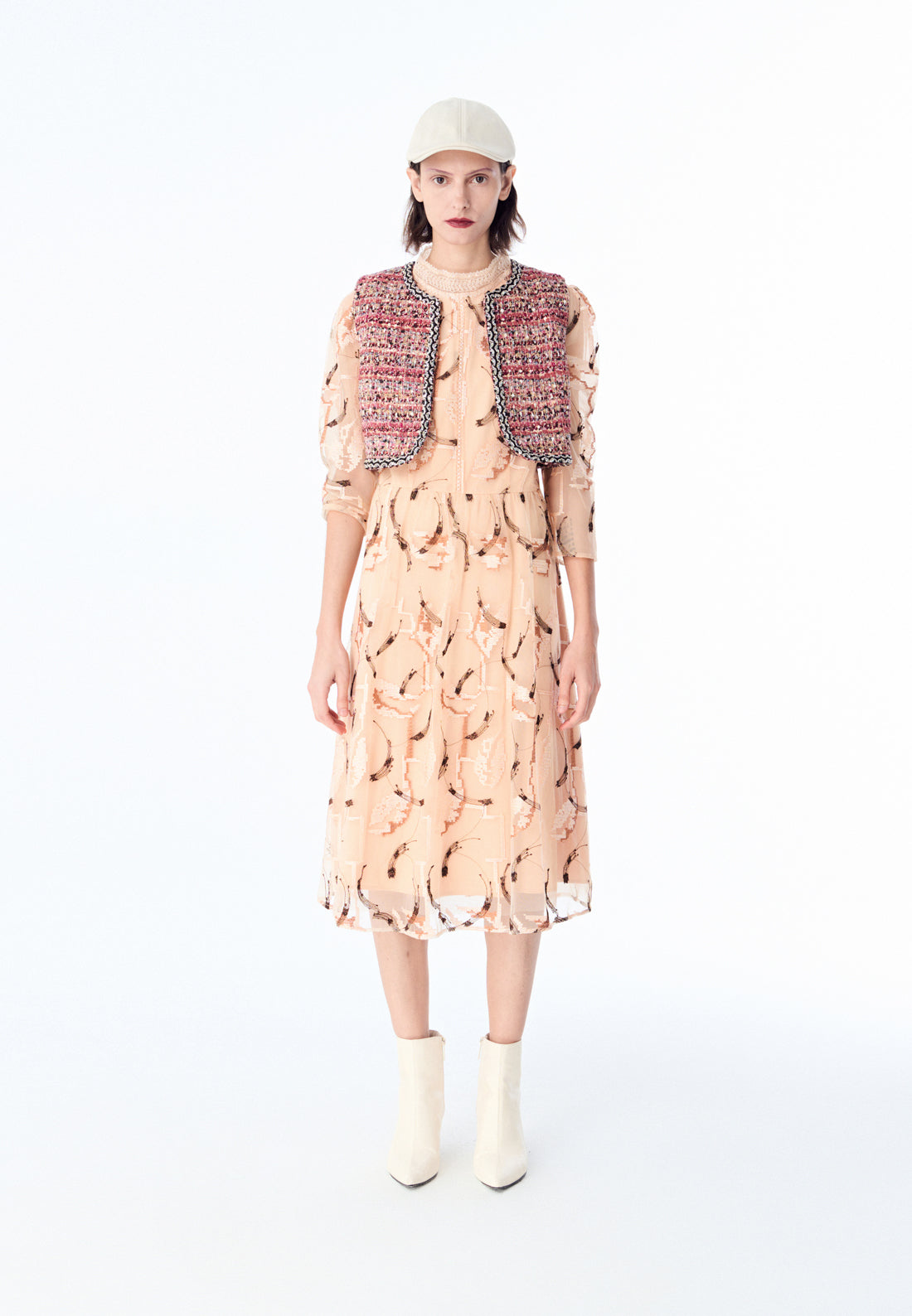 Beige Embroidered Long-sleeved Cocktail Dress