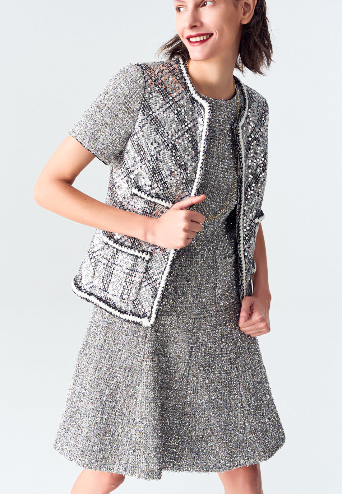 Argyle Plaid Sequin Tweed Vest