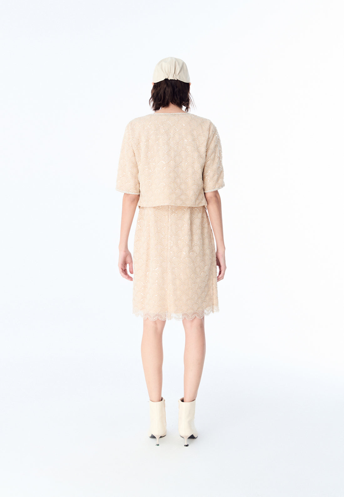 Beige Embroidered Mesh Mid-sleeves Crop Jacket