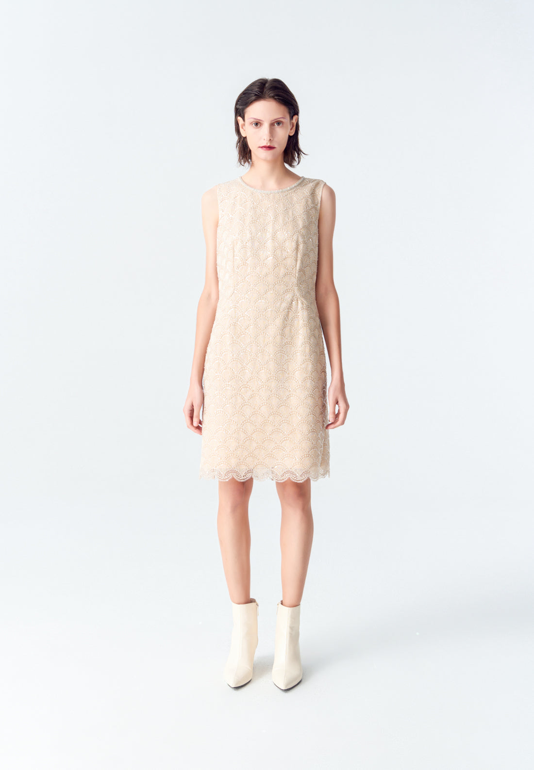 Beige Embroidered Mesh Sleeveless Dress