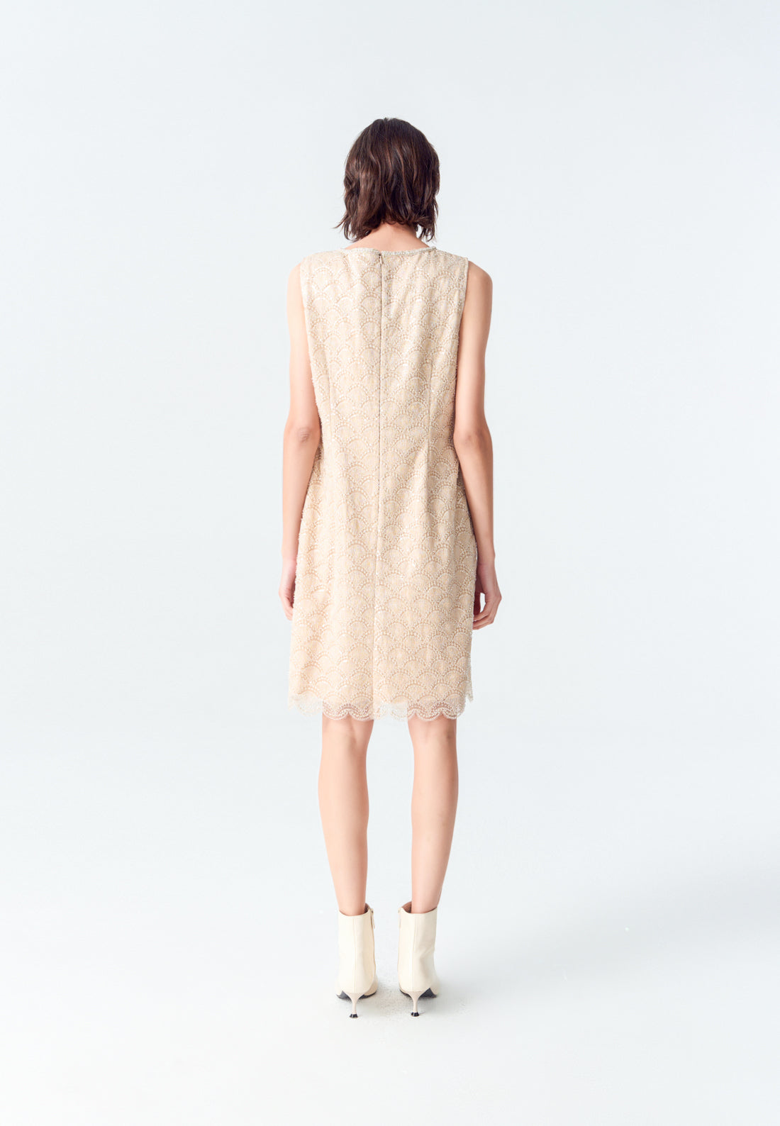 Beige Embroidered Mesh Sleeveless Dress