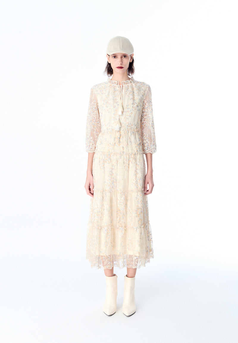 Beige Embroidered Lacy Maxi Dress