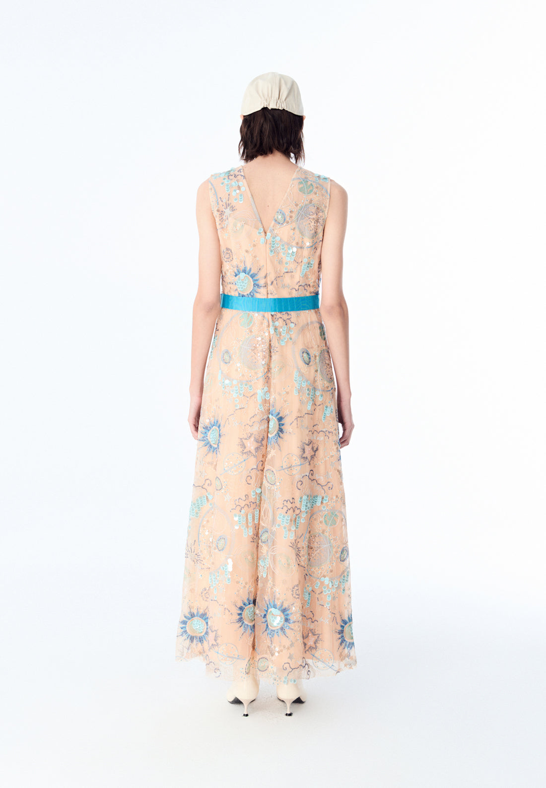Beige Embroidered Sleeveless with Blue Ribbon Dress - MOISELLE