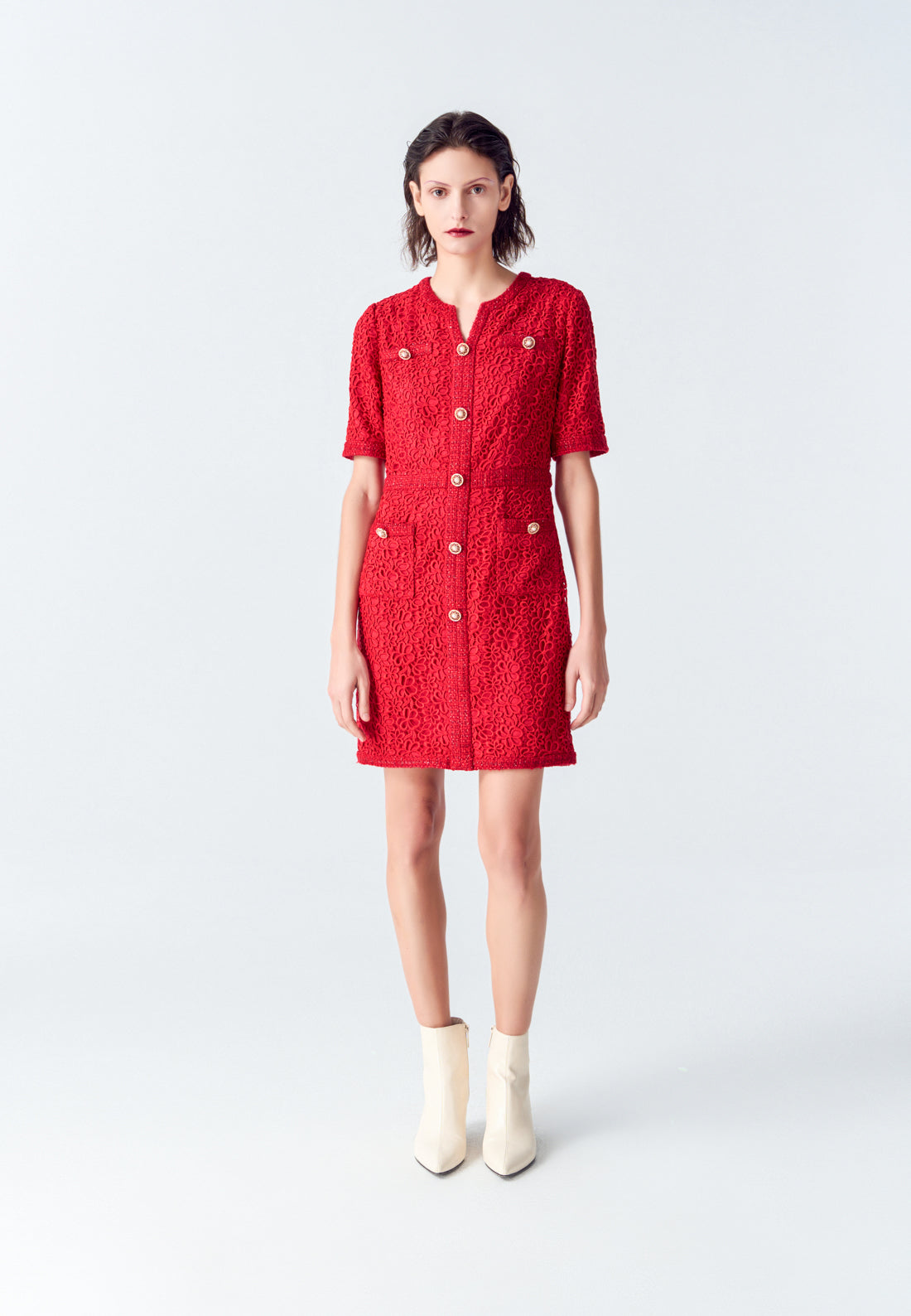 Red Signature Short-sleeved Lace Tweed Dress