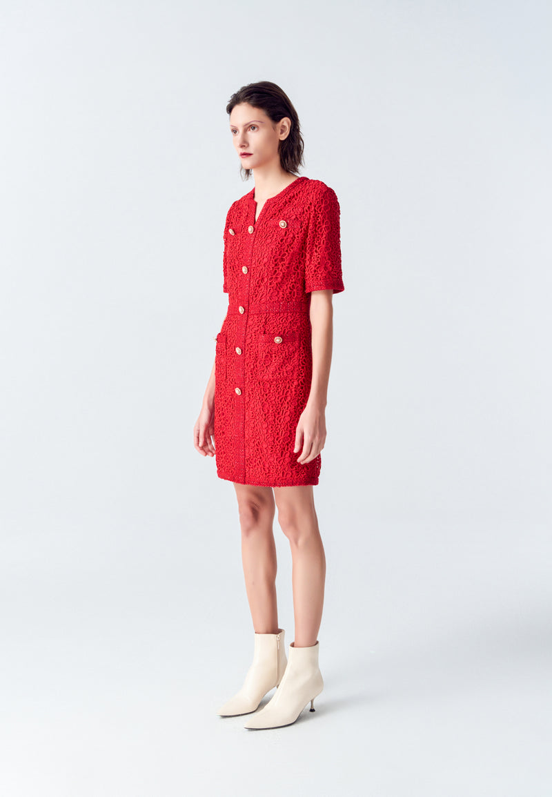 Red Signature Short-sleeved Lace Tweed Dress