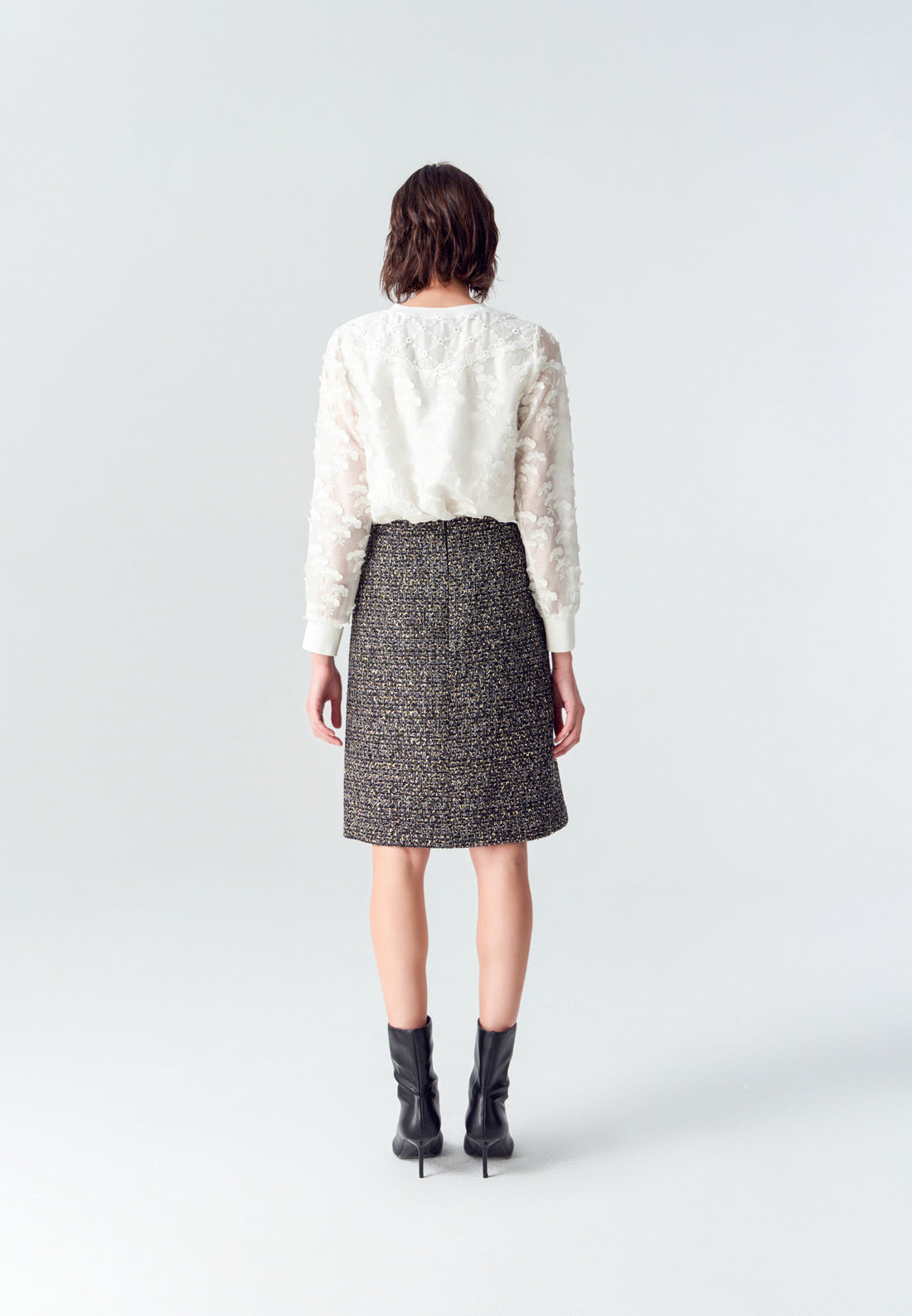 Black Lurex Tweed Front Slit Midi Skirt