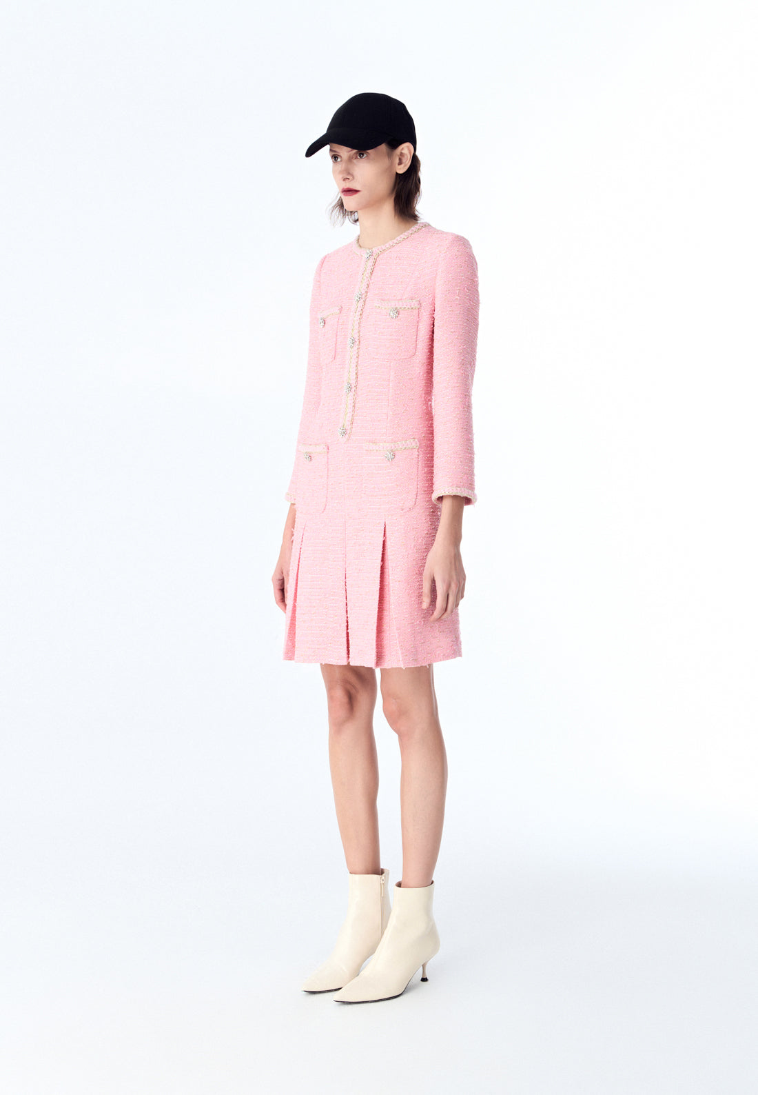 Formal Pink Tweed Pleated Dress – MOISELLE
