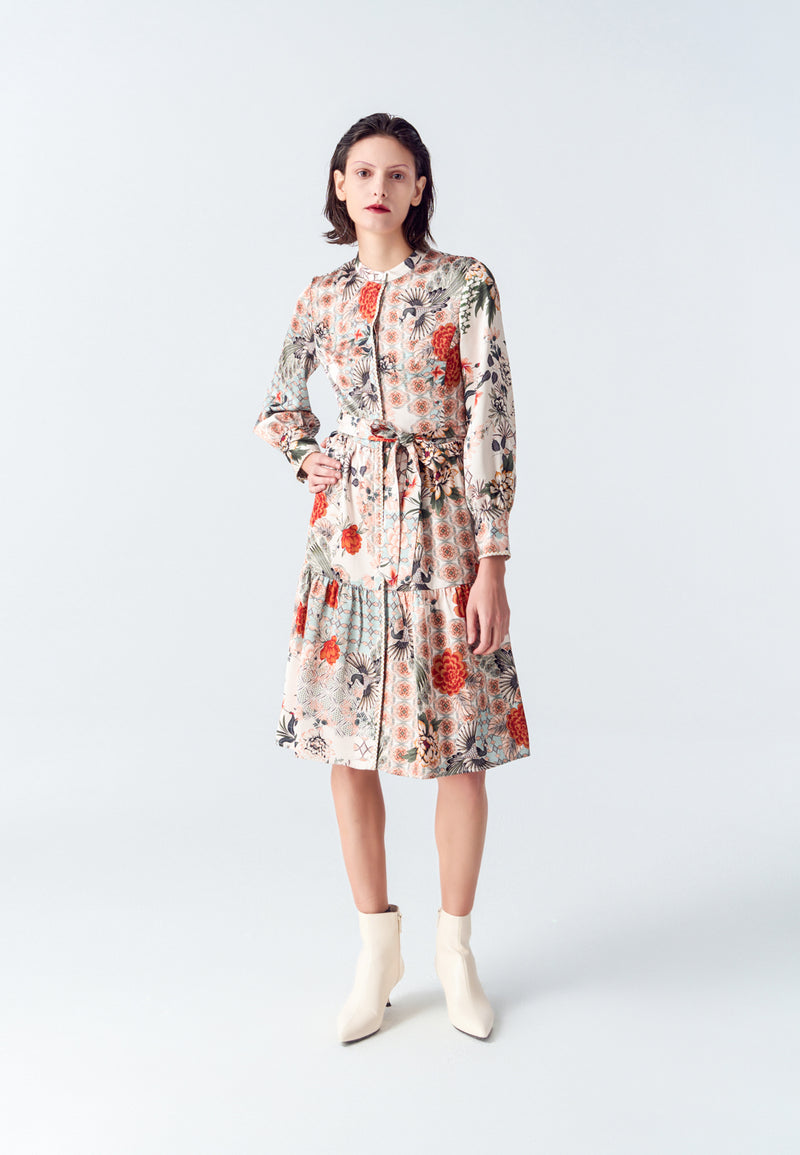 Satin Floral Print Stand Collar Shirt Dress