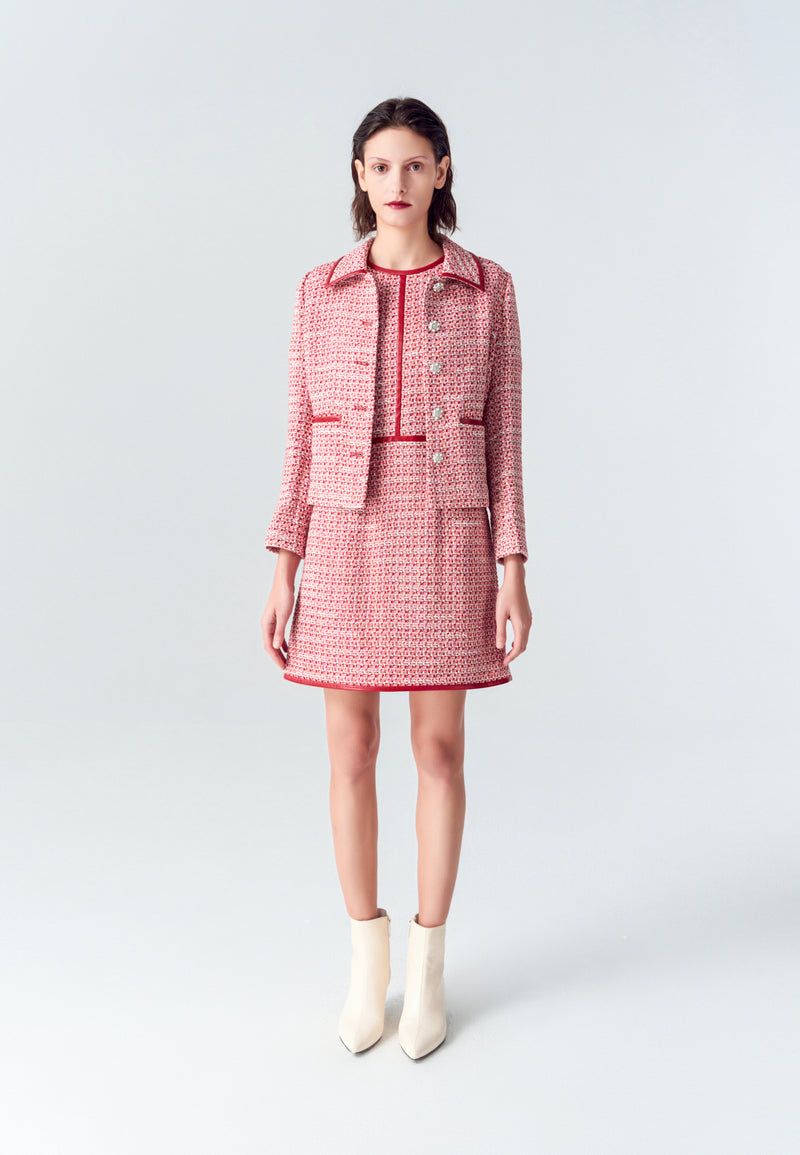 Red Leather-trimmed Collar Tweed Jacket