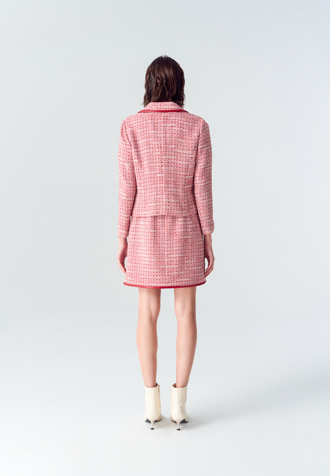 Red Leather-trimmed Collar Tweed Jacket