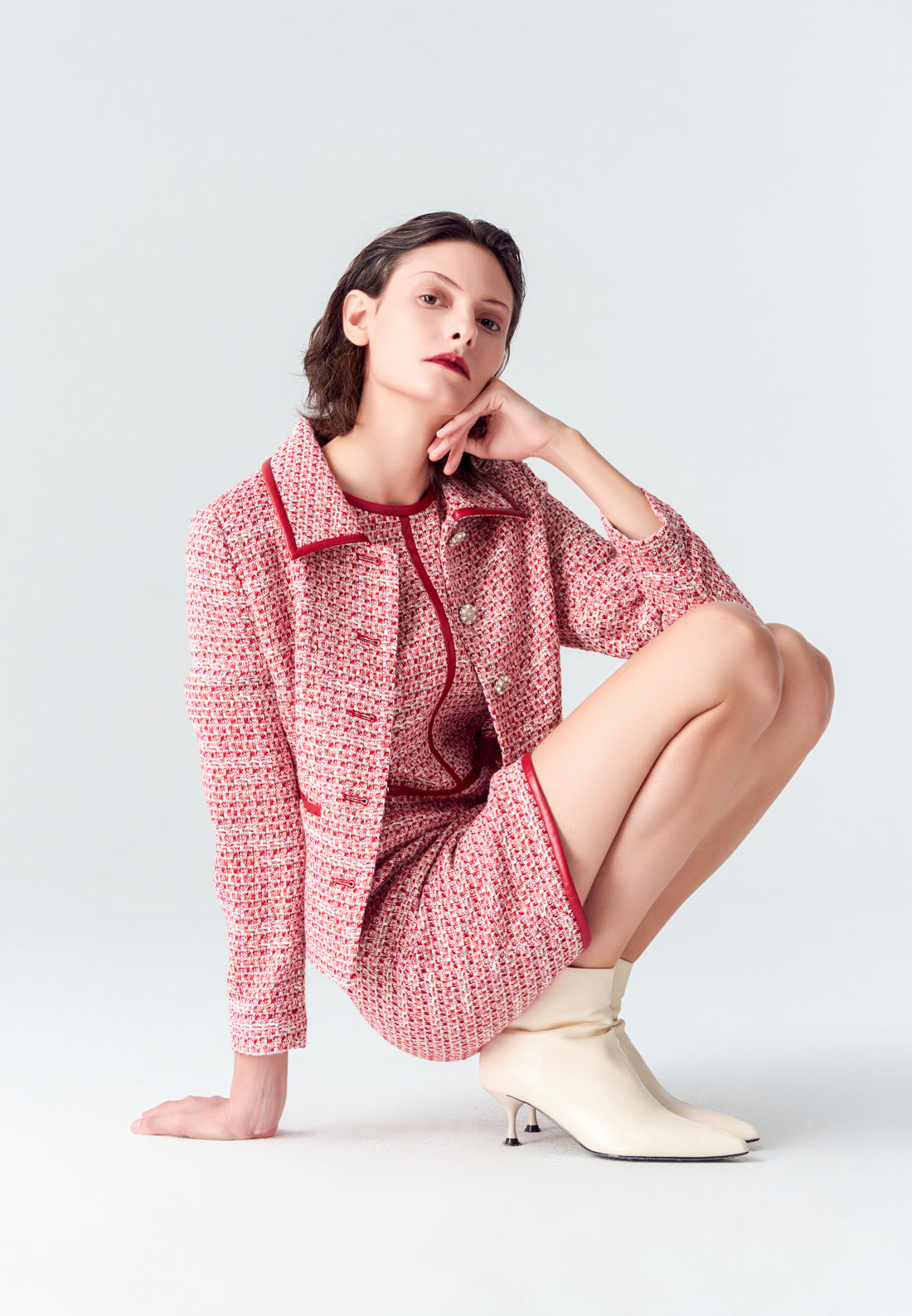 Red Leather-trimmed Collar Tweed Jacket