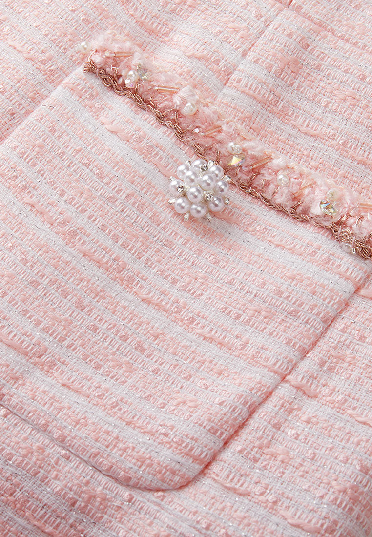Pink Embellished Flared Tweed Dress