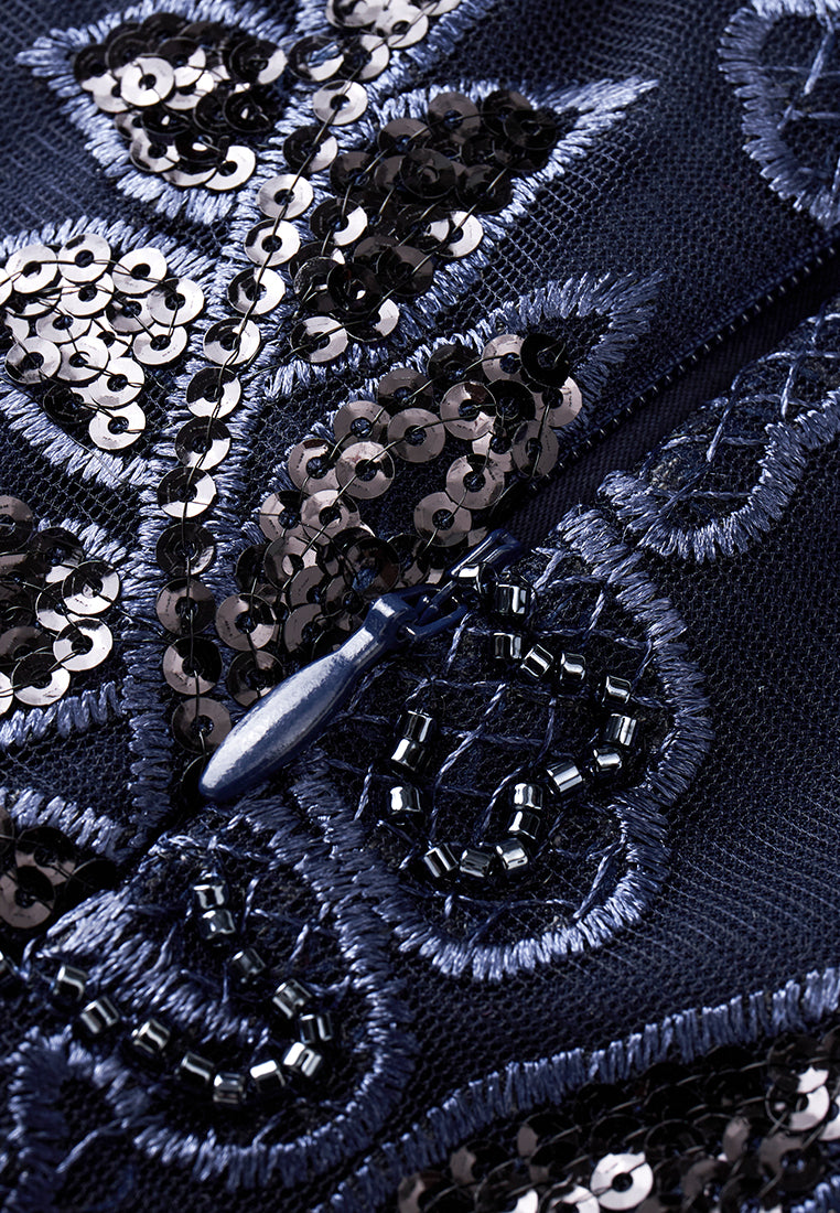 Dark Blue Embroidered Mesh Sleeveless Dress - MOISELLE
