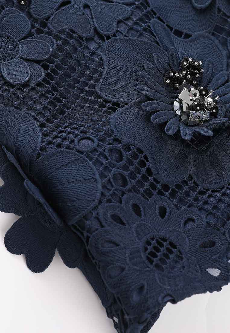 Dark Blue Floral Lace Cocktail Dress - MOISELLE
