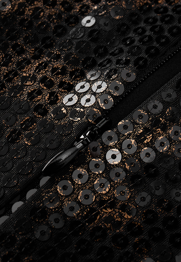 Black V-neck Sequin Long-sleeved Dress - MOISELLE