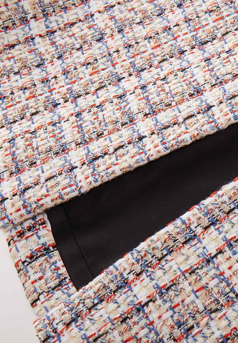 Mixed Tweed Lapel Calf Length Slit Skirt - MOISELLE