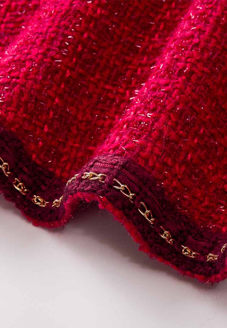 Red Golden Chain-detail Tweed Skirt - MOISELLE