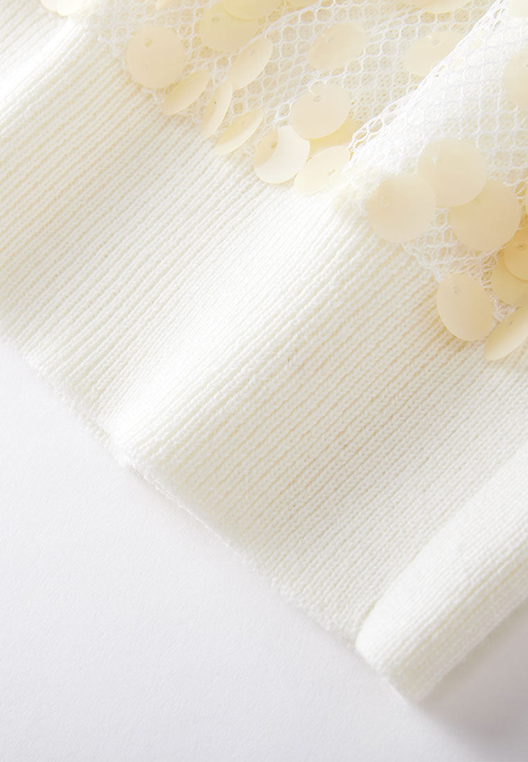 White Sequin Short-sleeved Knit Top - MOISELLE