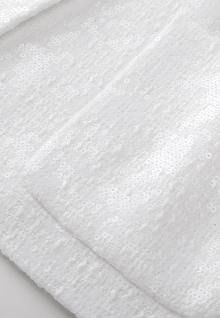 White Sequins Cap-sleeved Tweed Vest - MOISELLE