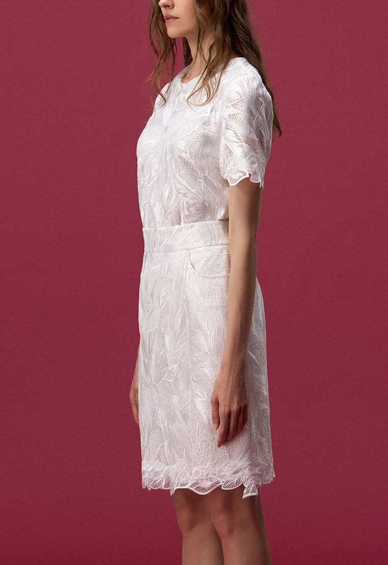 White Jacquard Lace A-line Midi Skirt - MOISELLE
