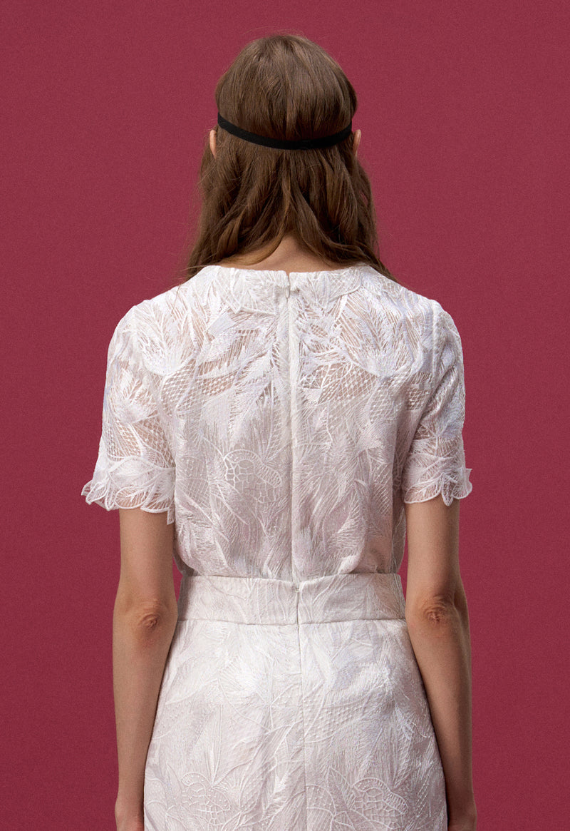 White Jacquard Lace Short Sleeve Shirt - MOISELLE