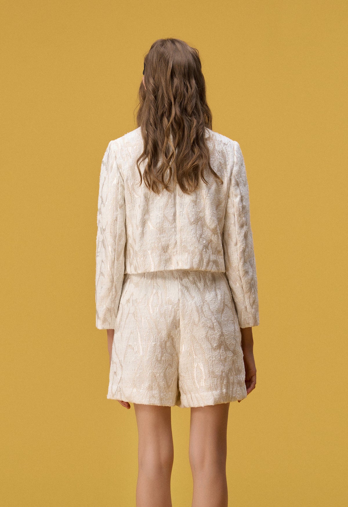 White Jacquard Tweed Collarless Jacket - MOISELLE